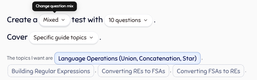 Figurespace test builder set to a mixed ten-question test covering selected guide topics